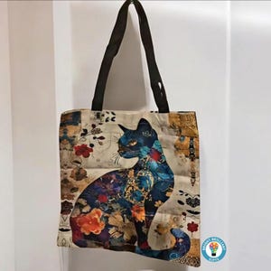 Bolso de mano de lino con diseño de gato floral, bolso de hombro súper lindo, bolso liviano para compras, escuela, moda, bolso de gran capacidad, ¡gran regalo!