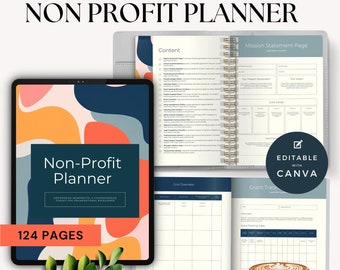 May include: A non-profit planner set featuring a digital tablet display with an abstract orange, blue, and cream cover, a spiral-bound notebook with mission statement pages, a goal overview sheet, a grant tracker, and a coffee cup with latte art.