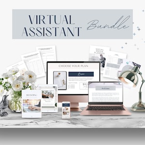 May include: A virtual assistant bundle with a laptop, phone, and tablet displaying various digital products, including a social media planner, branding guide, and a "Start Your VA Success" guide. The image also includes a desk lamp, a bird figurine, and white flowers.