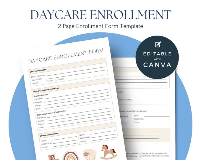 Daycare Enrollment Form Editable Template, Child Care Registration, Daycare Form, Preschool Application Packet, In Home Care, Home Daycare