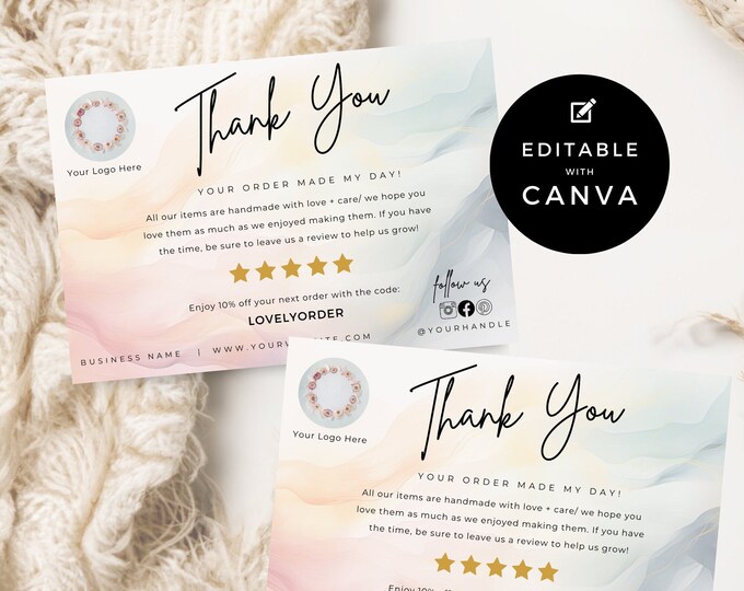 Business Thank You Card Editable Modern Printable Thank You For Your Purchase Card Small Business Package Insert Card Canva Template
