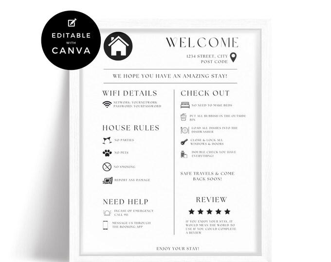Short Stay Welcome Sign Template, Vacation Rental Printable House Rule, Things to Know, Wifi Info Sheet, Arrival Poster Sign for Guest