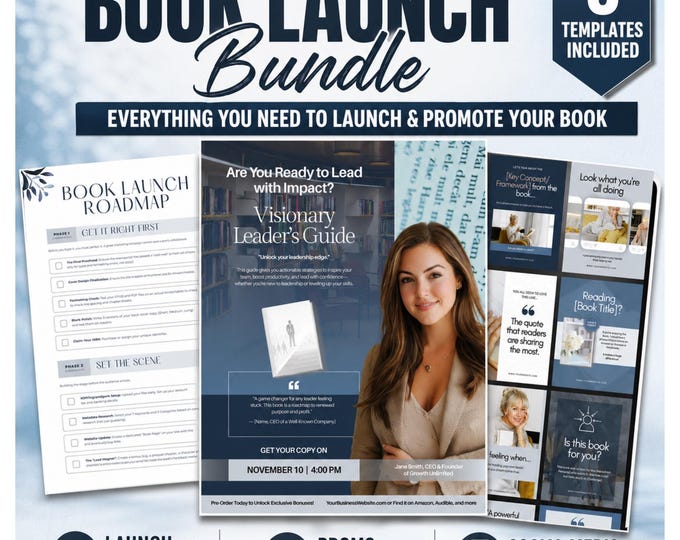 Book Launch Bundle, Social Media Posts, Roadmap & Flyer Templates for Authors, Canva Book Launch Kit