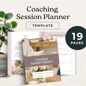 May include: A Coaching Session Planner template with the text "Coaching Session Planner" and "TEMPLATE". The planner has 19 pages and includes a client information sheet. The image features a woman and a bouquet of flowers.