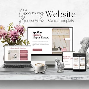 May include: A digital mockup of a cleaning website template, displayed on a laptop, desktop monitor, tablet, and smartphone. The website design features a clean, modern aesthetic with the text "Spotless Spaces. Happy Places." and "Cleaning Website Business Canva Template."