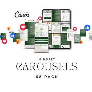 May include: A digital product display featuring a tablet and two smartphones showcasing mindset carousels. The screens display green and white graphics with text. The words "MADE IN Canva", "MINDSET CAROUSELS", and "68 PACK" are also visible.