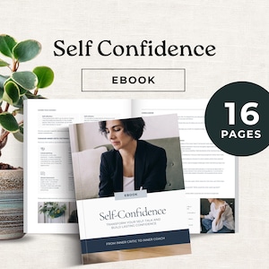 Puede incluir: Un libro abierto con el título "Self-Confidence" y el subtítulo "Transforma tu diálogo interno y construye una confianza duradera". El ebook tiene 16 páginas. La portada muestra a una mujer con una blazer negra. La palabra "EBOOK" es visible.