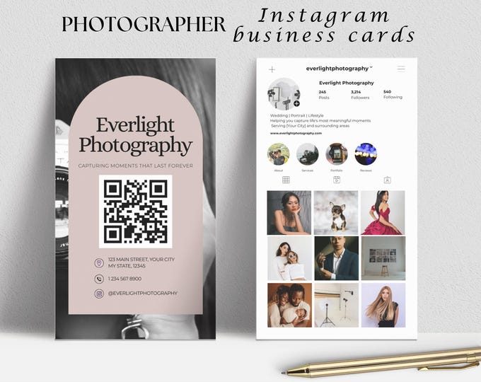 Photographer Instagram Business Card Template, QR Code Business Card, Scan to Follow Card, Canva Editable Photography Marketing Card