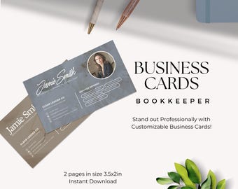 May include: Two customizable business cards for a bookkeeper named Jamie Smith. The cards are gray and brown with a photo of Jamie Smith on the gray card. The text on the cards reads "Jamie Smith, Bookkeeper & Financial Advisor, Clear Ledger Co., Services Offered".