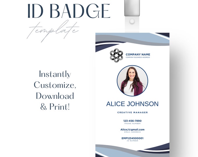 ID Badge Template Work Badge Photo ID Card Employee Name Badge Identification Card Custom Employee ID Name Tag Editable Canva Template