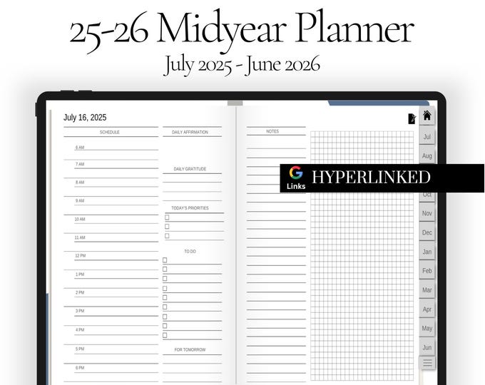 2025-2026 Midyear Digital Organizer, Hyperlinked Journal, iPad Agenda, Business Planner, GoodNotes Planner, Digital Calendar, Daily Schedule