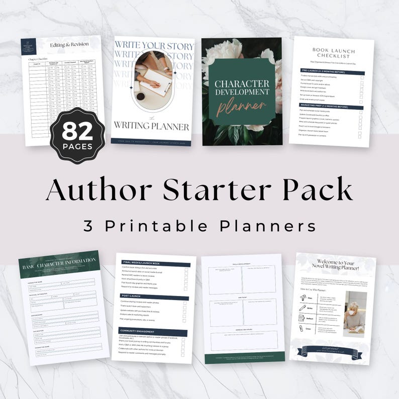 An Author Starter Pack featuring 3 printable planners, including a writing planner, character development planner, and book launch checklist, displayed on a marble background.