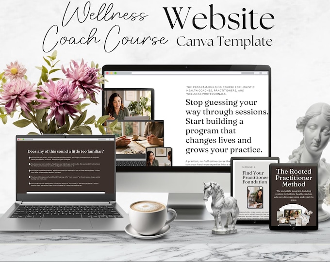 Wellness Coach Canva Sales Page, Editable Course Website, Health & Holistic Coaching Funnel, Testimonials, Pricing, FAQ