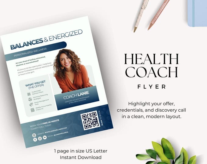 Health Coach Flyer Canva Template, Wellness Coach Marketing Sheet, Nutritionist Promo Design, Holistic Business Editable PDF