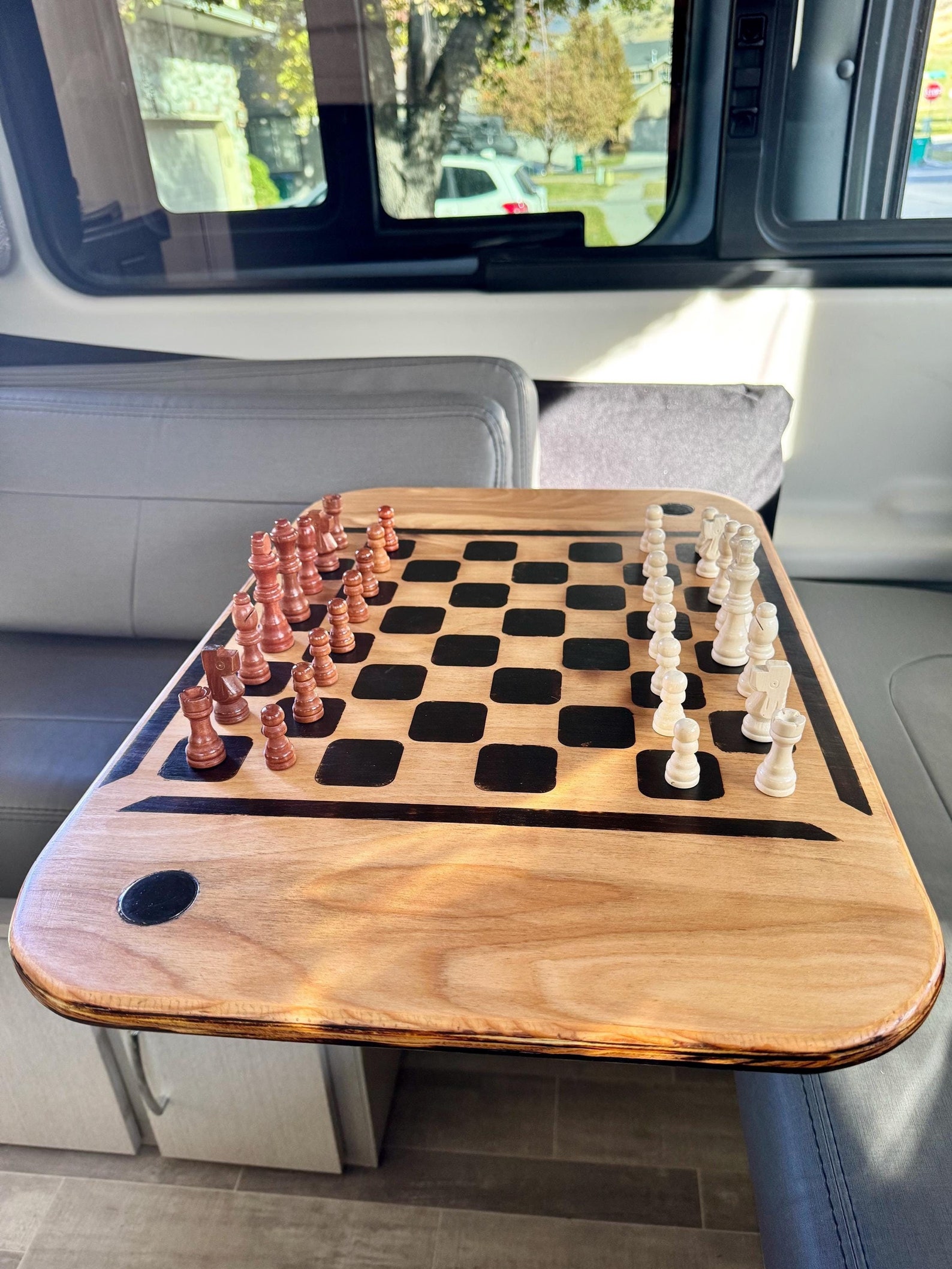 RV Table Top With Wood-burned Checkerboard, Magnetic Cup Holder ...