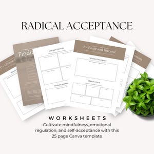 Scheda di lavoro PDF sull&#39;accettazione radicale, quaderno di lavoro sulle abilità di coping DBT, scheda di lavoro sulle risorse del terapeuta, strumento di terapia per la salute mentale, sviluppo personale