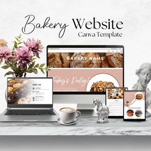 Könnte beinhalten: Ein digitales Mockup einer Bäckerei-Website-Vorlage, die auf einem Laptop, Desktop-Computer, Tablet und Smartphone angezeigt wird. Das Website-Design zeigt Bilder von Backwaren und ein sanftes rosa und weißes Farbschema. Die Worte "Bakery Website Canva Template" stehen oben.