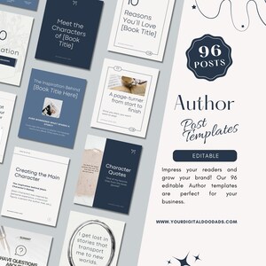 May include: A set of 96 editable social media post templates for authors. The templates are designed to help authors grow their brand and engage with their readers. The templates feature a variety of designs, including quotes, book covers, and author photos. The templates are available in a variety of colors and styles.  The text on the image reads "96 Posts Author Post Templates Editable Impress your readers and grow your brand! Our 96 editable Author templates are perfect for your business. WWW.YOURDIGITALDOODADS.COM"
