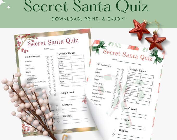 Printable Secret Santa quiz, holiday gift exchange form, office party gift giving, holiday Santa fun, Ultimate Secret Santa questionnaire