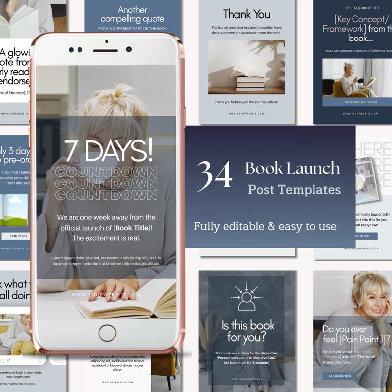 May include: A smartphone displays a countdown for a book launch, with the text "7 DAYS!" and "Countdown." The image also shows various social media post templates, including "34 Book Launch Post Templates" and other promotional graphics.