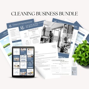 May include: A cleaning business bundle featuring a range of documents, including a commercial cleaning estimate, a social media marketing guide, and a client intake form. The documents are printed in black and white and use a blue and white colour scheme.