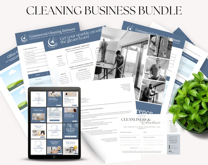 Cleaning Business Bundle, Editable Cleaning Service Template, Social Media Post, House Cleaning Price List, Commercial Estimate, Certificate