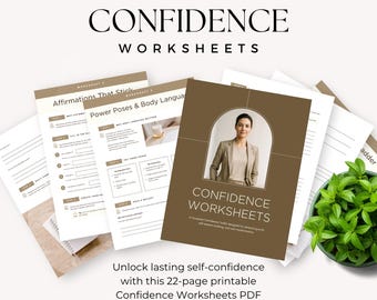 May include: A set of printable confidence worksheets featuring a brown cover page with a photo of a person in a blazer inside an arch frame. The pages include text such as Affirmations That Stick, Power Poses & Body Language, and Confidence Worksheets.