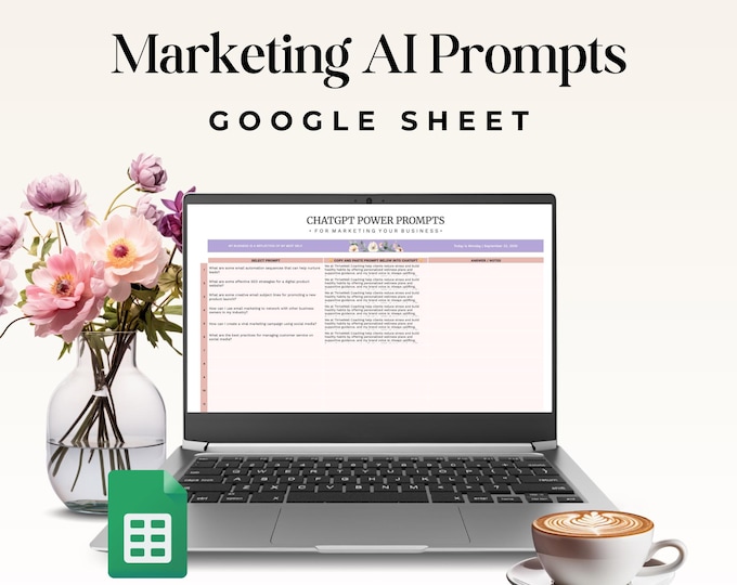 AI Prompts Google Sheet, ChatGPT Business Prompts ,Content Ideas & Planner, Digital Marketing, Small Business Growth Toolkit