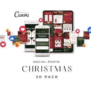 Puede incluir: Una colección de publicaciones navideñas para redes sociales que se muestran en teléfonos inteligentes y una tableta. Las publicaciones presentan diseños festivos con acentos rojos y verdes. El texto incluye "Conversation Starters" y "Christmas 20 Pack".