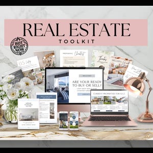 May include: A rose gold laptop, desktop computer, and smartphones display real estate information. The image includes printed guides, a checklist, and the text "REAL ESTATE TOOLKIT". A rose gold desk lamp and white flowers are also present.