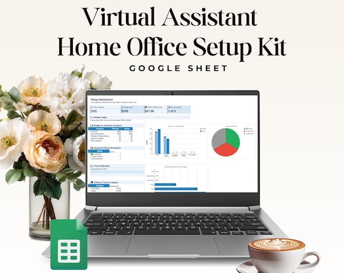 VA Home Office Setup Kit, Virtual Assistant Spreadsheet, Equipment Checklist, Budget Tracker, Software Tracker, Google Sheets Template