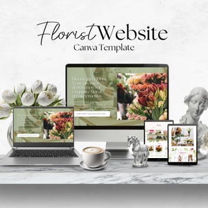 Peut inclure: Une maquette de site web pour un fleuriste, montrant un ordinateur de bureau, un ordinateur portable et deux appareils mobiles. Le site web présente un fond vert avec le texte "Bloom and Bloom" et "Votre destination de choix pour des arrangements floraux exquis". Le site web comprend également un appel à l'action pour "Explorer notre collection".