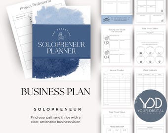 Op de afbeelding: Een blauwe en witte printbare zakelijke planner voor solopreneurs. De omslag heeft een aquarelontwerp en de tekst "The Essential Solopreneur Planner". De planner bevat pagina's voor projectbrainstorming, weekoverzicht, dagplanning, doelstellingen stellen, inkomsten bijhouden, klantcontacten en meer.