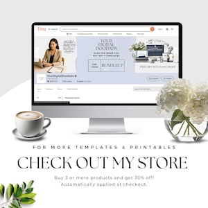 May include: A computer monitor displays an Etsy shop page, with the shop name "YourDigitalDoodads." The screen shows digital templates and a bundle offer. A cup of coffee and a vase of white flowers are in the foreground. Text reads "CHECK OUT MY STORE."