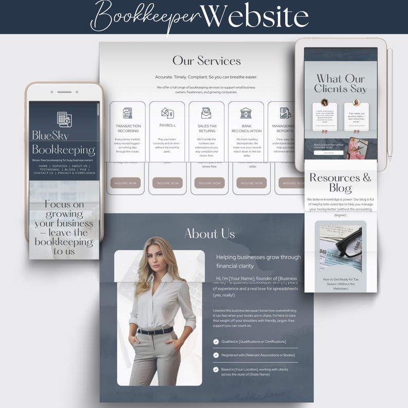 A digital mockup of a bookkeeping website featuring a mobile phone, tablet, and desktop layout. It includes sections on services, client testimonials, and an 'About Us' area with a professional portrait.