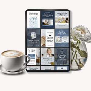 A warm cup of coffee sits beside a tablet displaying a collage of book-related promotional graphics. The graphics feature quotes, book concepts, and reader engagement questions, with a flower vase in the background.