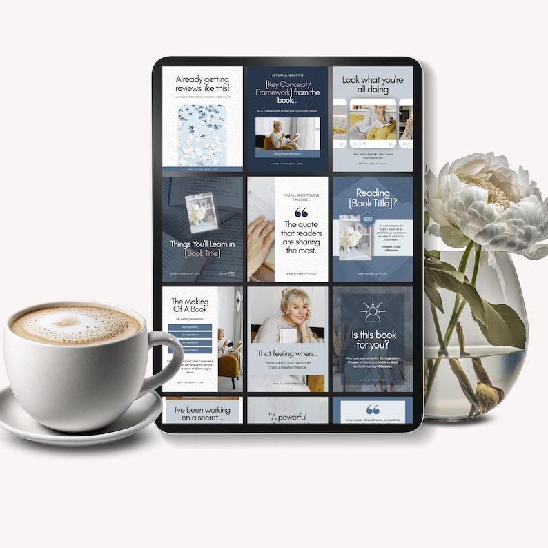 A warm cup of coffee sits beside a tablet displaying a collage of book-related promotional graphics. The graphics feature quotes, book concepts, and reader engagement questions, with a flower vase in the background.