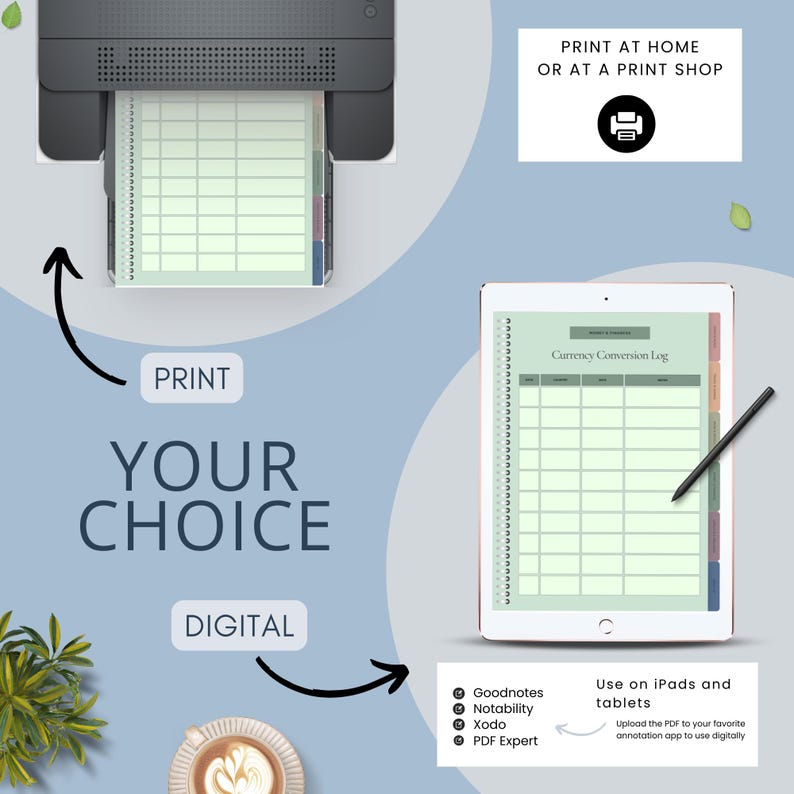 An image showing options for a Currency Conversion Log, depicting a printer with printed pages and a tablet displaying the digital version. Text includes 'Your Choice' and information on compatible apps.