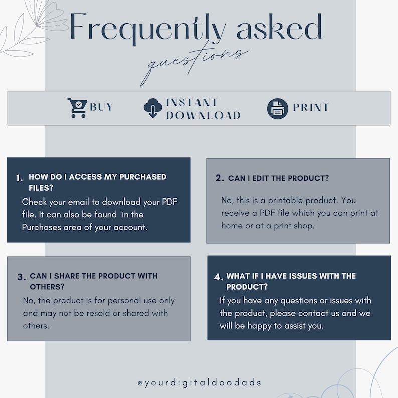 May include: A blue and white graphic with frequently asked questions about digital products. The graphic includes icons for buying, instant download, and printing. The text includes questions about accessing purchased files, editing the product, sharing the product with others, and what to do if there are issues with the product.