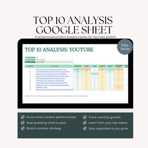 Könnte beinhalten: Digitalgrafik mit einer Google Sheet-Vorlage für die YouTube-Inhaltsanalyse. Das Sheet trägt den Titel "Top 10 Analysis: YouTube" und enthält Abschnitte für Videometriken. Das Bild zeigt auch Aufzählungspunkte, die wichtige Vorteile hervorheben.