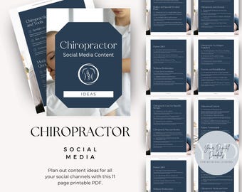 Może przedstawiać: 11-stronicowy zestaw plików PDF do druku zatytułowany Chiropractor Social Media Content Ideas, zawierający ciemnoniebieskie strony z białym tekstem, ikonę kręgosłupa oraz listy tematów, takich jak zaangażowanie społeczności i zarządzanie stresem.