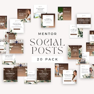 May include: A collection of 20 social media post templates for mentors. The templates feature a brown and white colour scheme with floral accents and text that includes "Mentor", "Social Posts", and "20 Pack".
