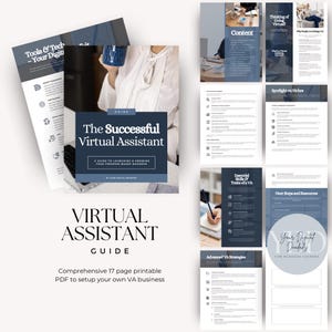 May include: A comprehensive 17-page printable PDF guide titled "The Successful Virtual Assistant." The guide, in shades of blue and white, offers advice on launching and growing a freedom-based business. Additional pages detail VA strategies and resources.