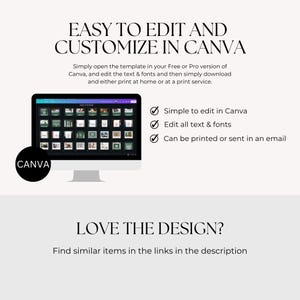May include: A computer monitor displays a Canva template with a grid of images. Text above reads "EASY TO EDIT AND CUSTOMIZE IN CANVA." Additional text explains how to edit and print the template. A black circle with "CANVA" is in the lower left.