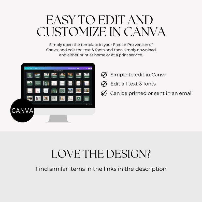 May include: A computer monitor displays a Canva template with a grid of images. Text above reads "EASY TO EDIT AND CUSTOMIZE IN CANVA." Additional text explains how to edit and print the template. A black circle with "CANVA" is in the lower left.