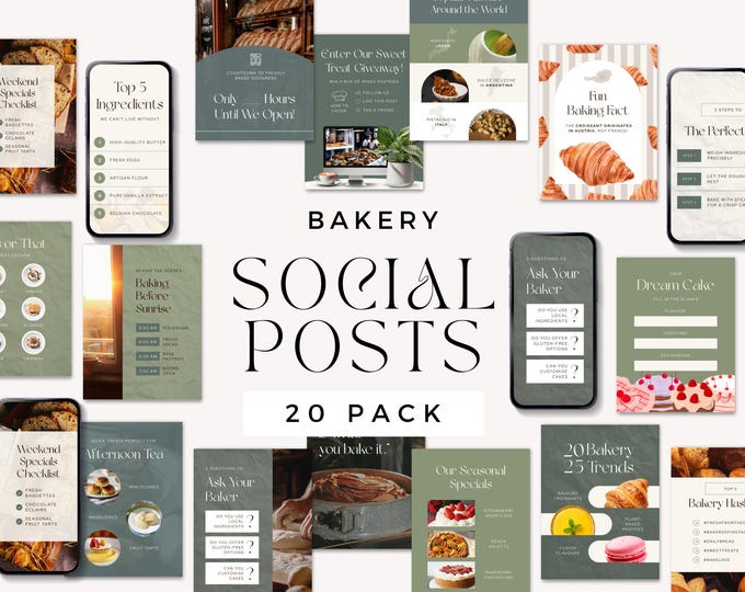 Bakery Instagram Canva Template 20 Social Media Posts for Cookie, Dessert Shop Branding Kit, Sweet Store, Cupcake Ad, Cake Menu Template