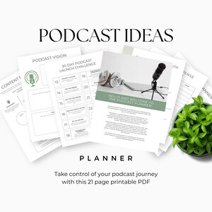 May include: A stack of white printable PDF pages with the words "Podcast Ideas" at the top. The pages include a podcast planner, a 30-day launch challenge, and a podcast vision guide. A microphone, headphones, and a small plant are also visible.