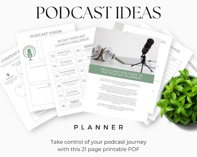 Podcast Idea Planner & Episode Management, Content Tracker, Interview Script, Content Calendar, Social Media Planner, Digital Content Plan
