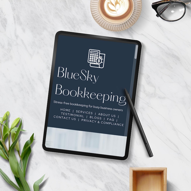 A digital tablet displaying the logo and services of BlueSky Bookkeeping, with tags for home, services, about us, and more. A cup of coffee, a plant, and eyeglasses are also visible.