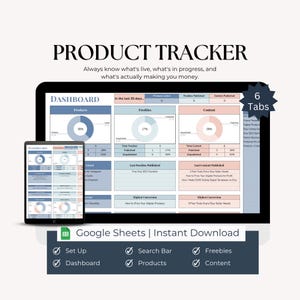 Pode incluir: Um painel digital de rastreamento de produtos exibido em um monitor de computador e tela de tablet. A interface apresenta gráficos, tabelas e dados para produtos, brindes e conteúdo. O texto inclui "PRODUCT TRACKER" e "6 Tabs".